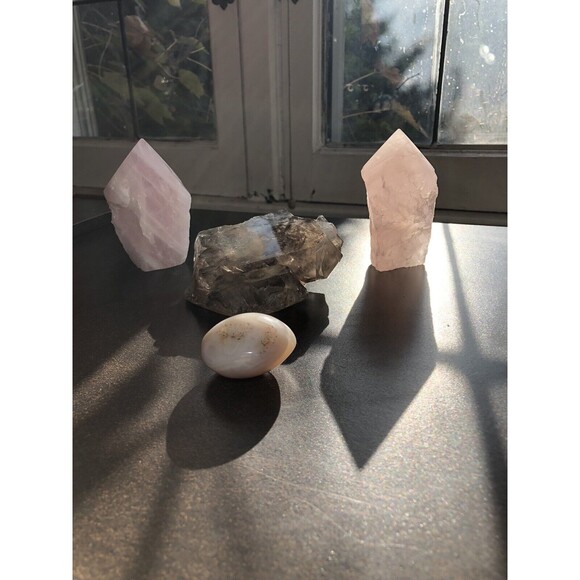Elestial Smoky Quartz, Rose Quartz & Agate Set  Heart Healing & Balance Crystals - Picture 2 of 9